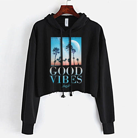 StonerDays Good Vibes Throwback Crop Top in Black with Palm Tree Design, Front View