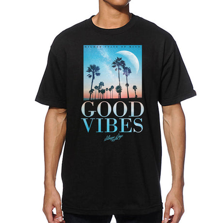 StonerDays Good Vibes Throwback Tee front view on model, black cotton T-shirt with palm tree design