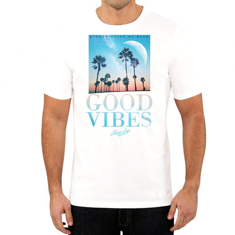 StonerDays Good Vibes Throwback White Tee front view on male model, featuring palm tree design