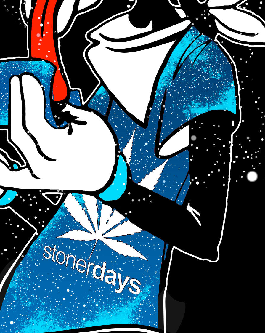StonerDays men's t-shirt with Goofy Space Adventure design, close-up view