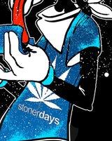 StonerDays men's t-shirt with Goofy Space Adventure design, close-up view