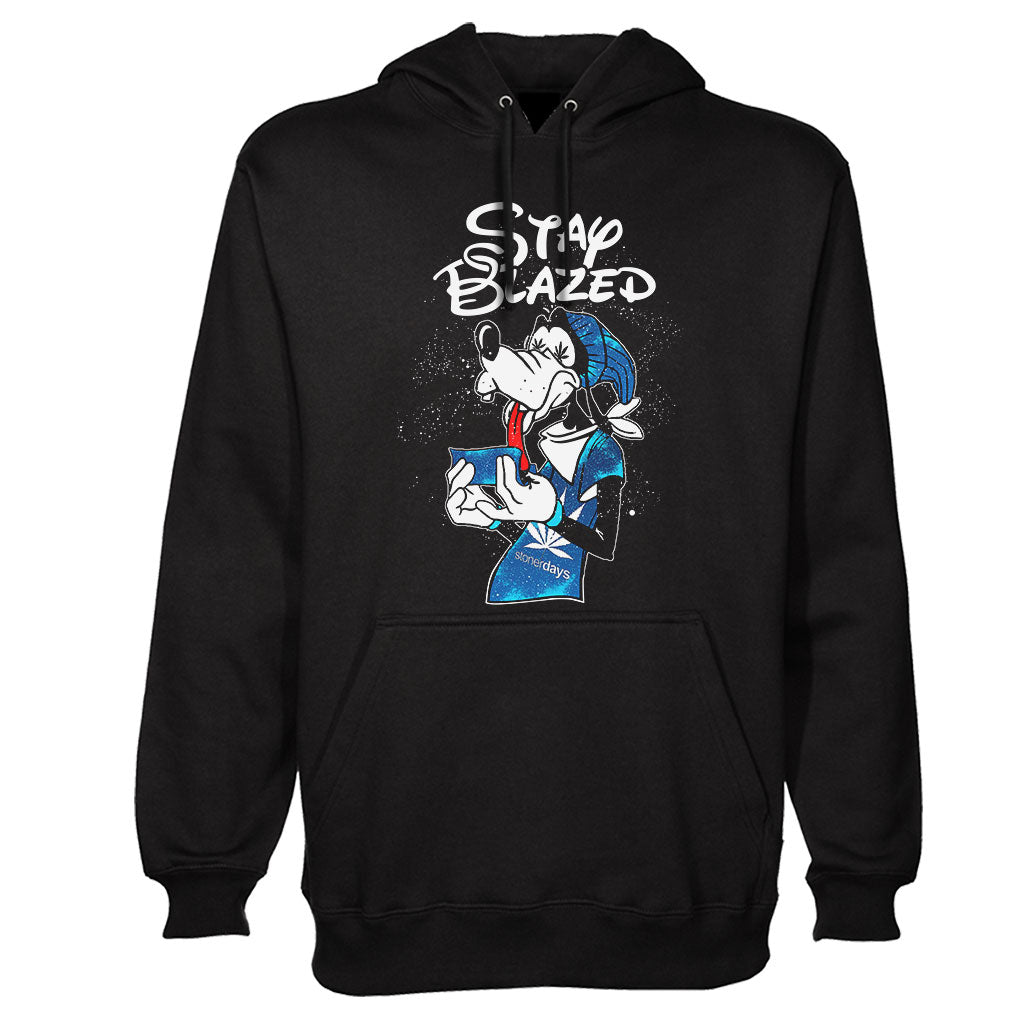 StonerDays Goofy Space Adventure Hoodie in black with graphic print, front view, sizes S-XXXL