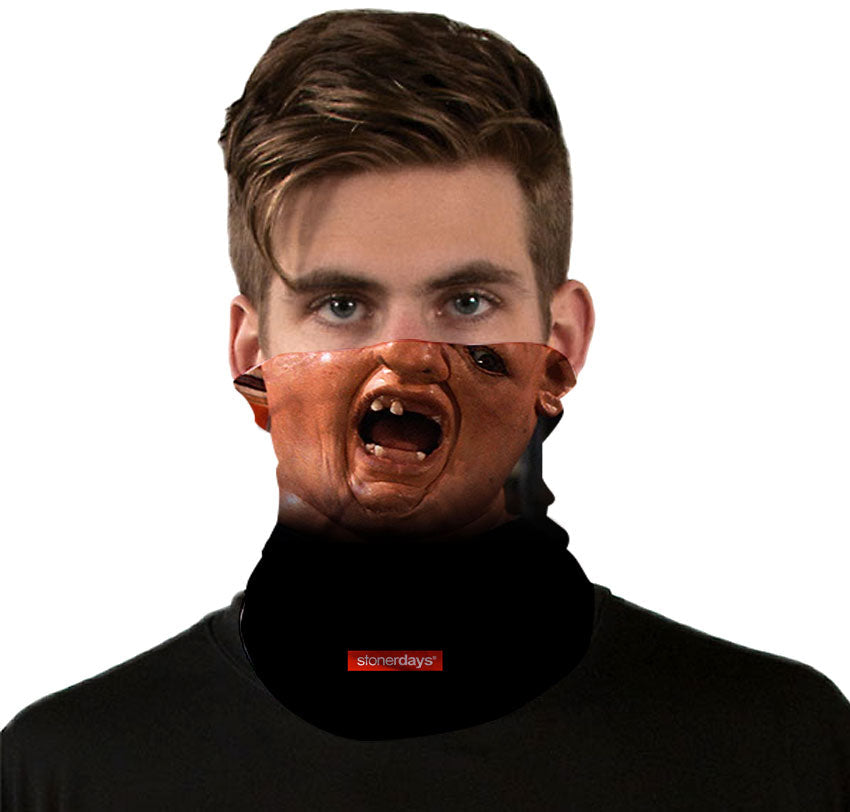 StonerDays Gooniesloth Neck Gaiter featuring bold graphic, front view on model