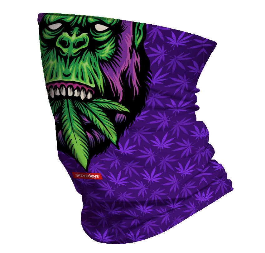 StonerDays Gorillaz Neck Gaiter in green and purple with cannabis leaf design, made of polyester.