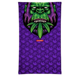 StonerDays Gorillaz Neck Gaiter featuring green gorilla face on purple cannabis leaf background