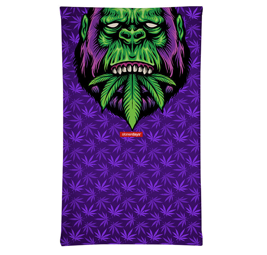 StonerDays Gorillaz Neck Gaiter featuring green gorilla face on purple cannabis leaf background