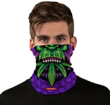 StonerDays Gorillaz Neck Gaiter in green and purple with cannabis leaf design, front view on model