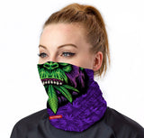 StonerDays Gorillaz Neck Gaiter in purple and green with face-covering design, front view on model