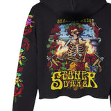 StonerDays Grateful Dabs Women's Crop Top Hoodie in Black with Graphic Print - Front View