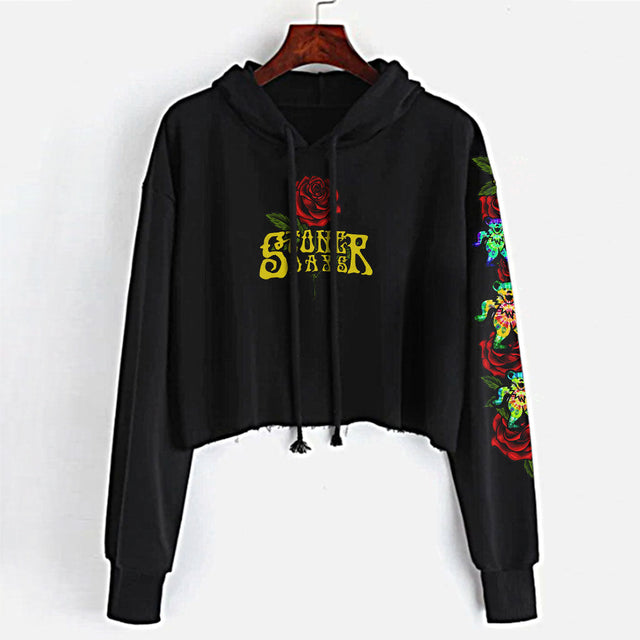 StonerDays Grateful Dabs Women's Crop Top Hoodie in Black with Vibrant Sleeve Design - Front View