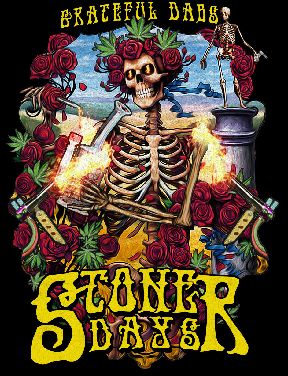 StonerDays Grateful Dabs Hoodie with Skeleton and Roses Design on Black