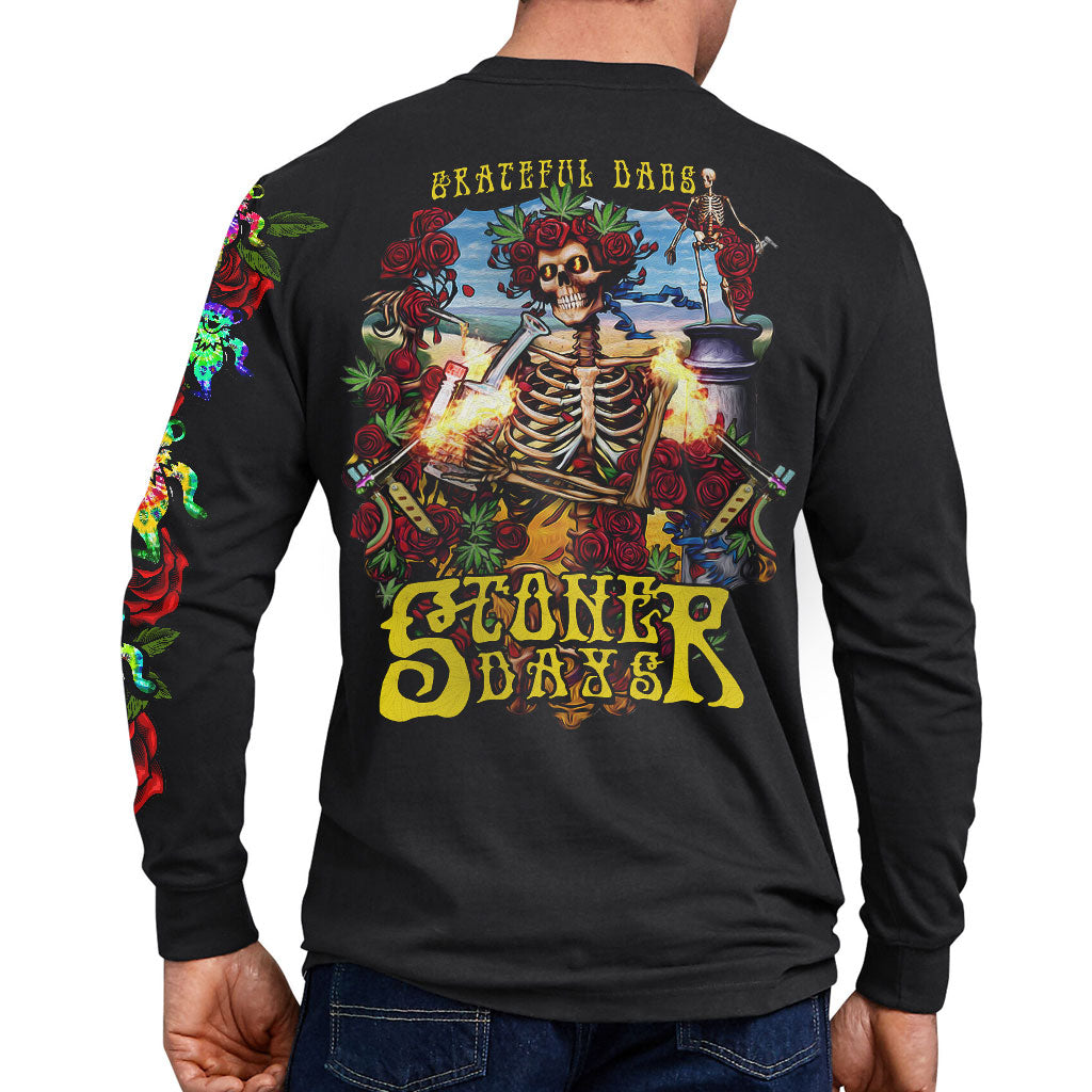 Back view of StonerDays Grateful Dabs Long Sleeve in black, featuring colorful skeleton print