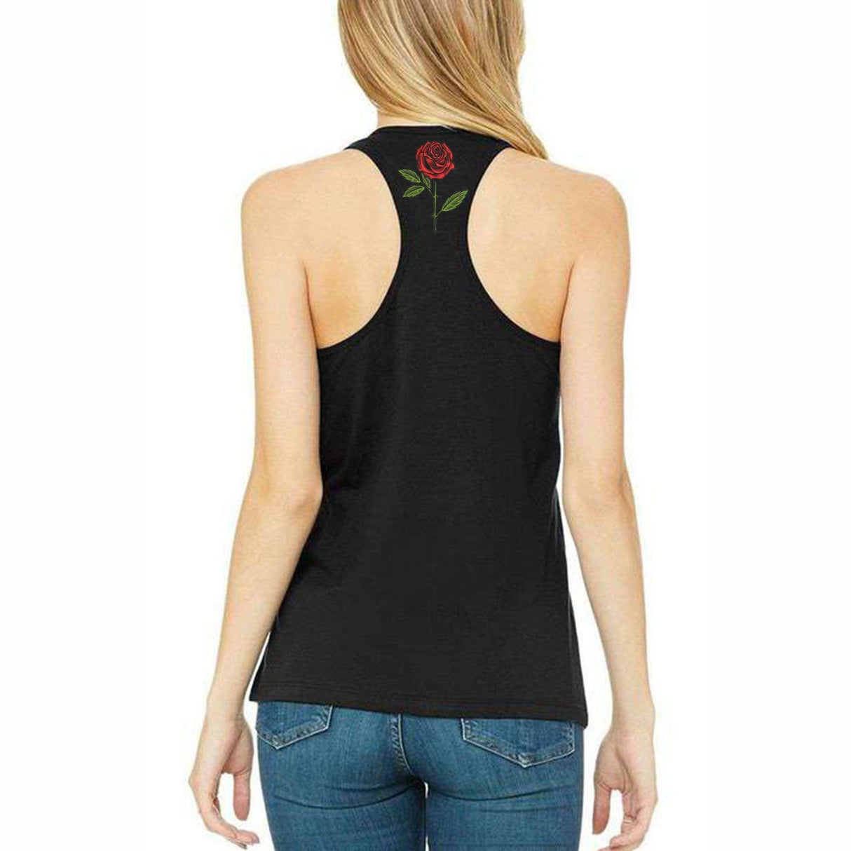 StonerDays Grateful Dabs Racerback Tank Top, Women's, Black with Red Rose Design, Rear View