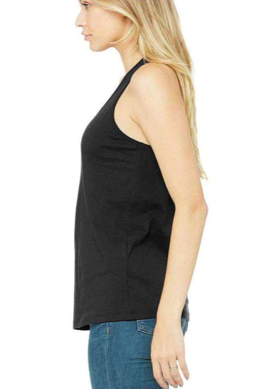 Side view of a woman wearing StonerDays Grateful Dabs Racerback tank top in black