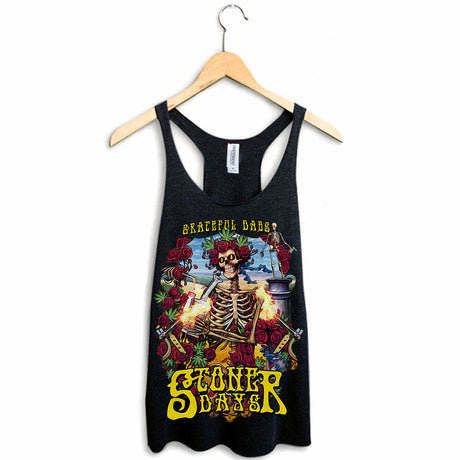 StonerDays Grateful Dabs Racerback tank top on hanger, front view, with vibrant graphic design