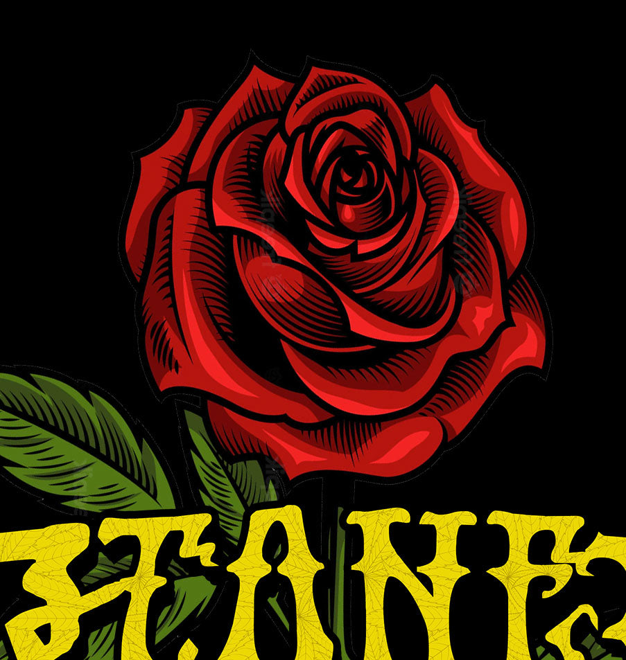 StonerDays Grateful Dabs Tee design close-up featuring vibrant red rose and yellow text