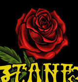 StonerDays Grateful Dabs Tee design close-up featuring vibrant red rose and yellow text