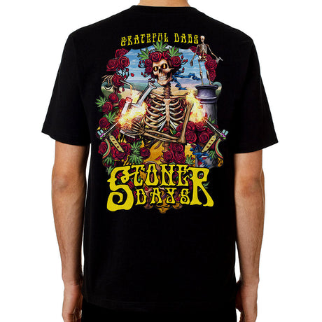 StonerDays Grateful Dabs Tee with vibrant skeleton graphic, rear view on a model