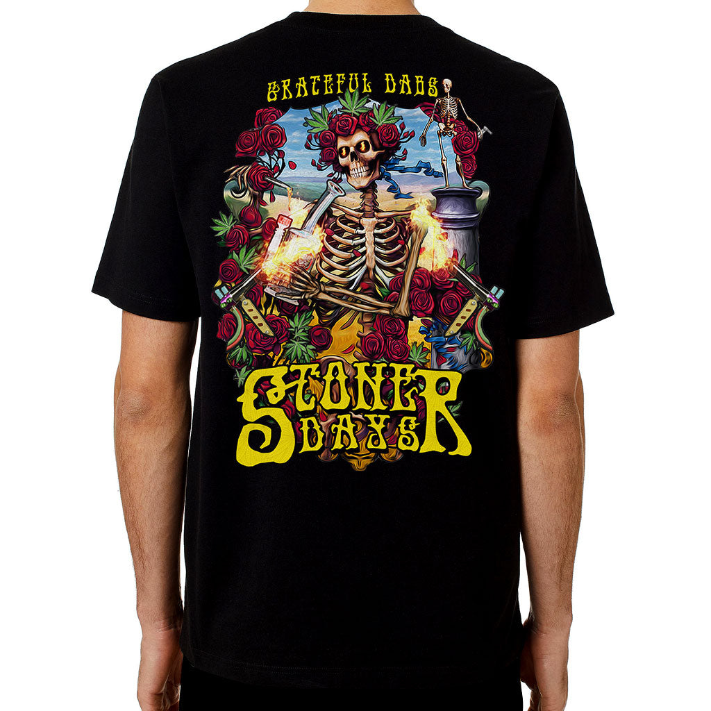 StonerDays Grateful Dabs Tee with vibrant skeleton graphic, rear view on a model