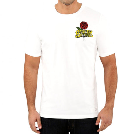 Front view of StonerDays Grateful Dabs White Tee with red rose graphic on cotton fabric
