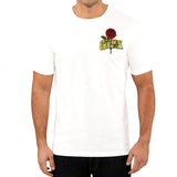 Front view of StonerDays Grateful Dabs White Tee with red rose graphic on cotton fabric
