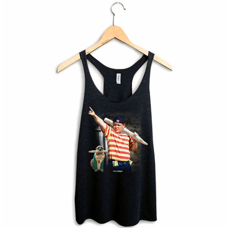 StonerDays Great Bambino Racerback tank top in black, sizes S to XL, with graphic print, front view on hanger