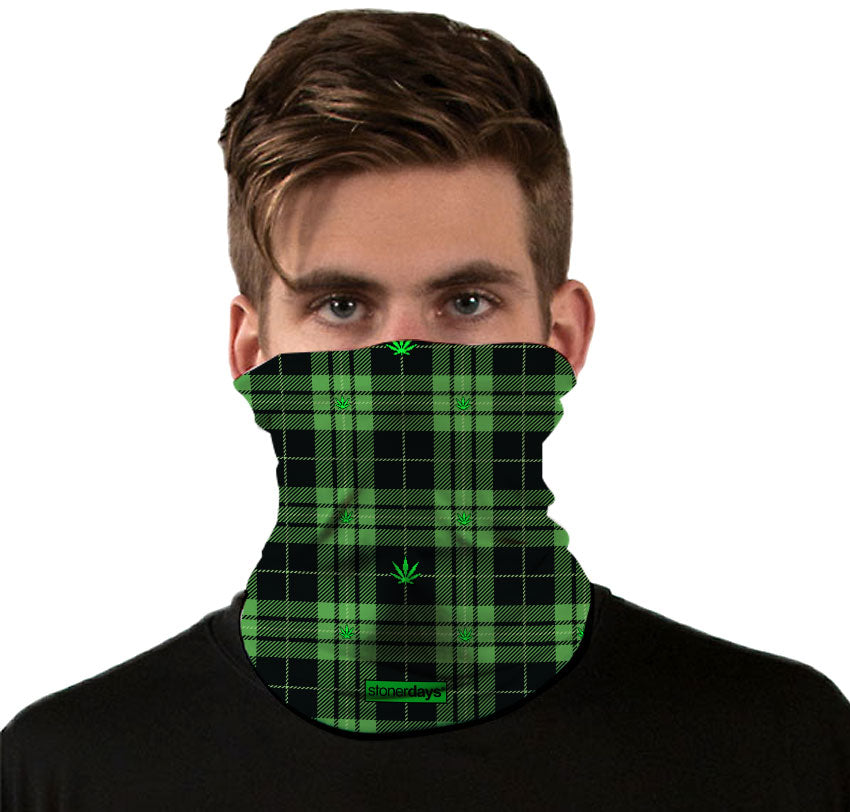 StonerDays Green Plaid Cannabis Leaves Gaiter, front view on model, versatile headwear accessory