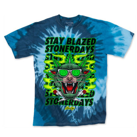 StonerDays Greens Panther Blue Tie Dye T-Shirt with vibrant front print on white background