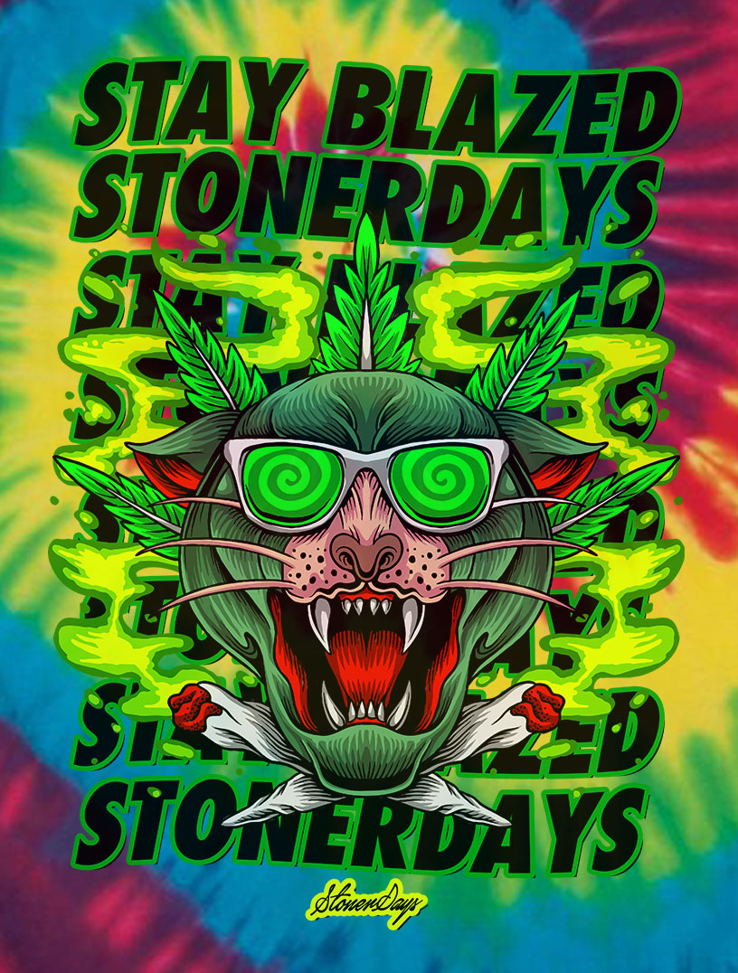 StonerDays Greens Panther Rainbow Tie Dye T-Shirt with vibrant colors on white background