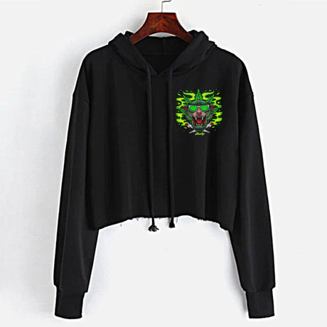 StonerDays Greenz Panther Crop Top Hoodie for Women in Green, Front View on Hanger
