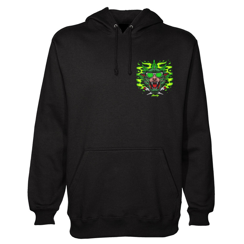 StonerDays Greenz Panther Hoodie in black cotton, front view with vibrant green print