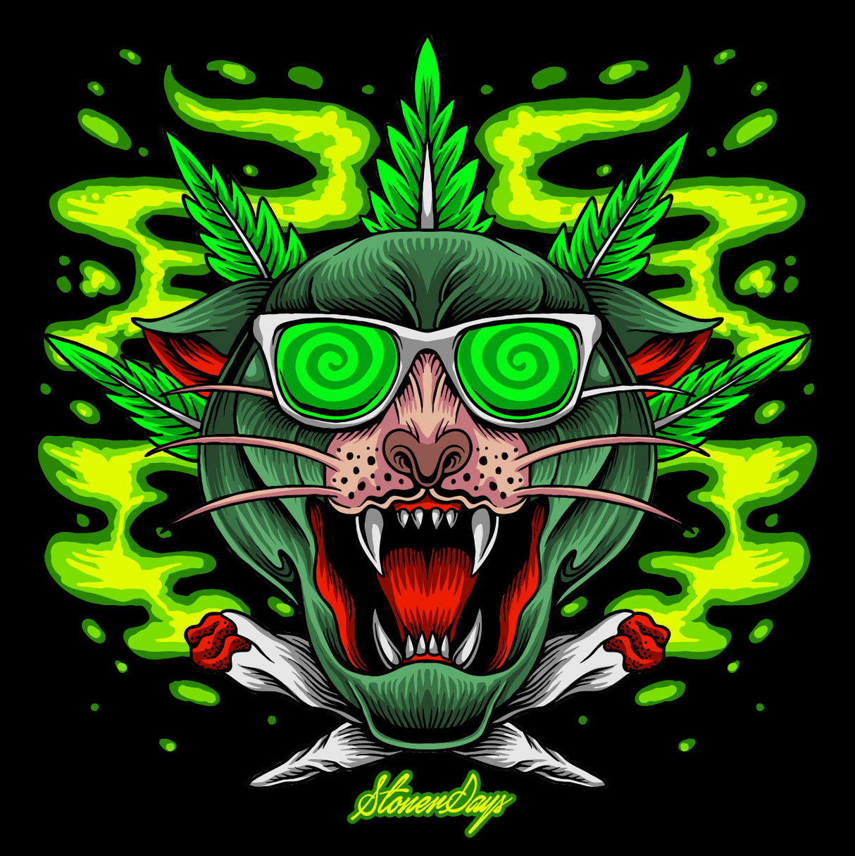 StonerDays Greenz Panther Hoodie with vibrant green cannabis-inspired graphic on black background