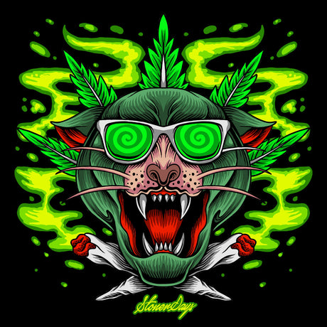 StonerDays Greenz Panther Hoodie with vibrant green cannabis-inspired graphic on black background