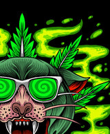 StonerDays Greenz Panther Hoodie design close-up with vibrant green cannabis leaves