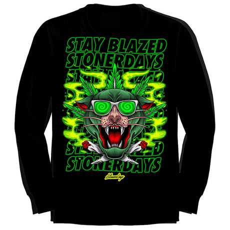 StonerDays Greenz Panther Long Sleeve Shirt, black, with vibrant green graphic