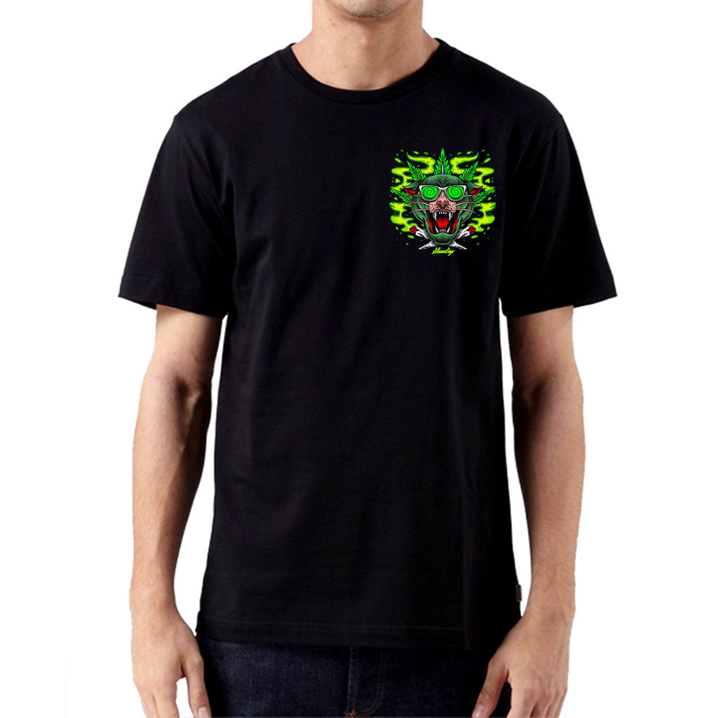 StonerDays Greenz Panther Tee front view on model, black cotton t-shirt with vibrant green panther graphic