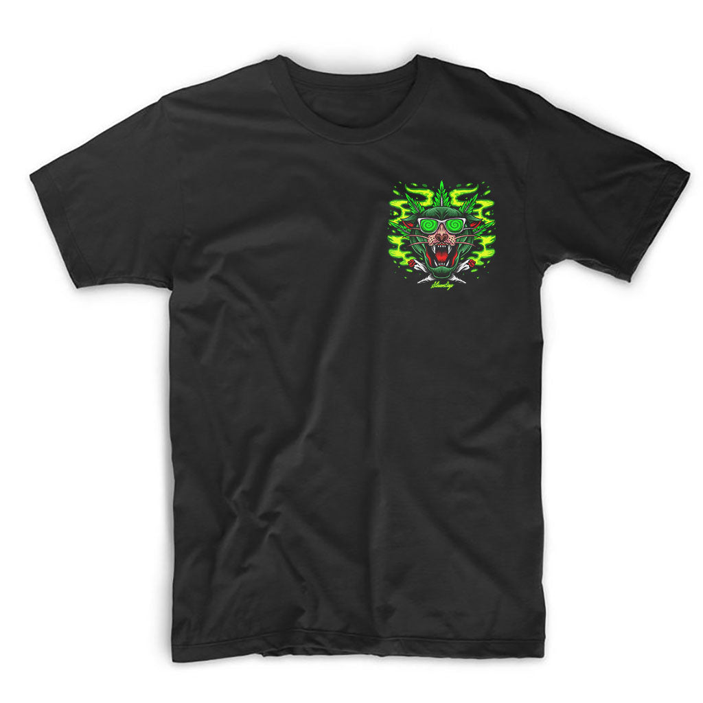 StonerDays Greenz Panther Tee in black, front view with vibrant green print, 100% cotton