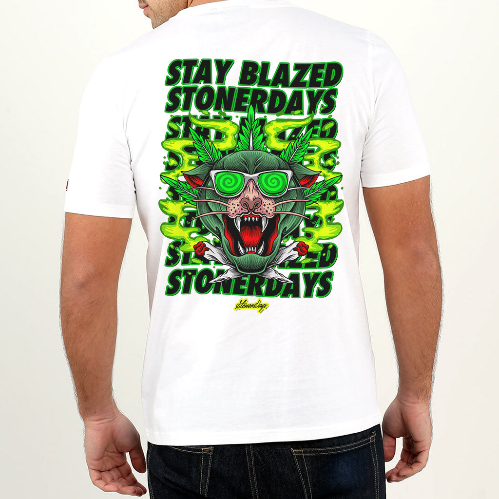 Rear view of a person wearing StonerDays Greenz Panther White Tee with vibrant green graphic