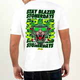 Rear view of a person wearing StonerDays Greenz Panther White Tee with vibrant green graphic