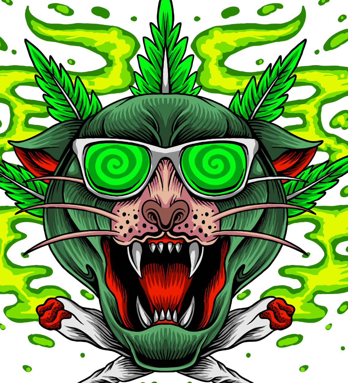 StonerDays Greenz Panther White Tee design close-up with vibrant green cannabis motif