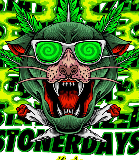 StonerDays Greenz Panther White Tee design close-up with vibrant green cannabis graphics