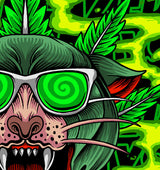 StonerDays Greenz Panther White Tee design close-up featuring vibrant cannabis-inspired art
