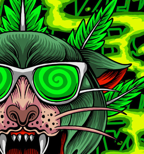 StonerDays Greenz Panther White Tee design close-up featuring vibrant cannabis-inspired art