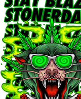StonerDays Greenz Panther White Tee with vibrant green graphics, front view on white background