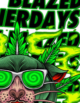 StonerDays Greenz Panther White Tee design close-up with vibrant green cannabis graphics