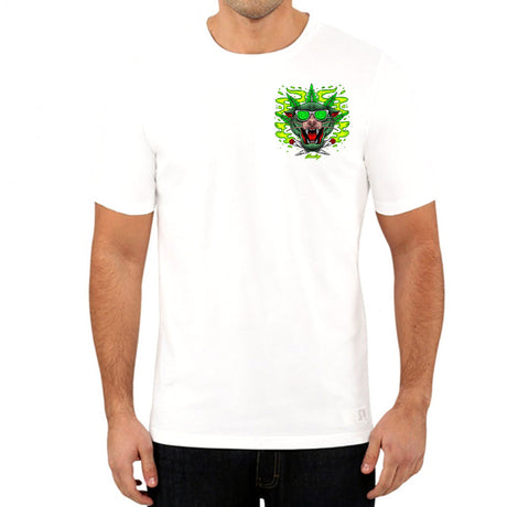 StonerDays Greenz Panther White Tee front view on model, vibrant green graphic, 100% cotton