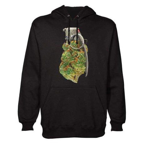 StonerDays Grenade Hoodie in black with chillum design, front view on a white background