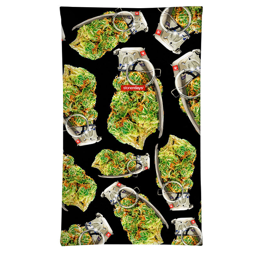 StonerDays Grenade Neck Gaiter featuring a bold grenade and herb pattern on a black background