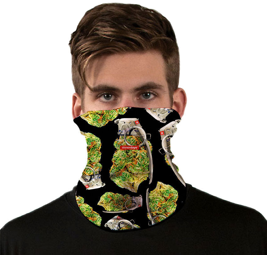 StonerDays Grenade Neck Gaiter with vibrant print, front view on model, versatile polyester apparel