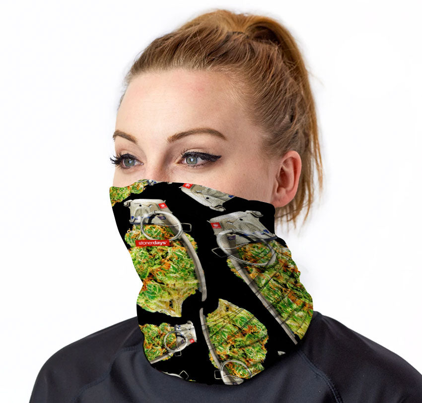 StonerDays Grenade Neck Gaiter featuring camouflage and grenade design, front view on model